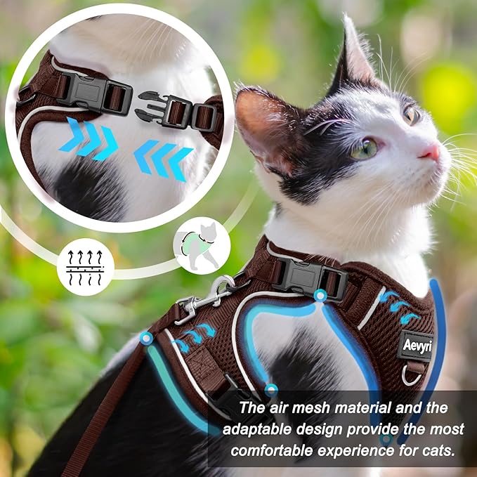 Cat Harness and Leash Set - Escape Proof Adjustable Cat Harness, Comfortable Soft Lightweight, Use Safe & Easy, Walking Travel Kitten Harness for Small Medium Large Cats, Brown, M