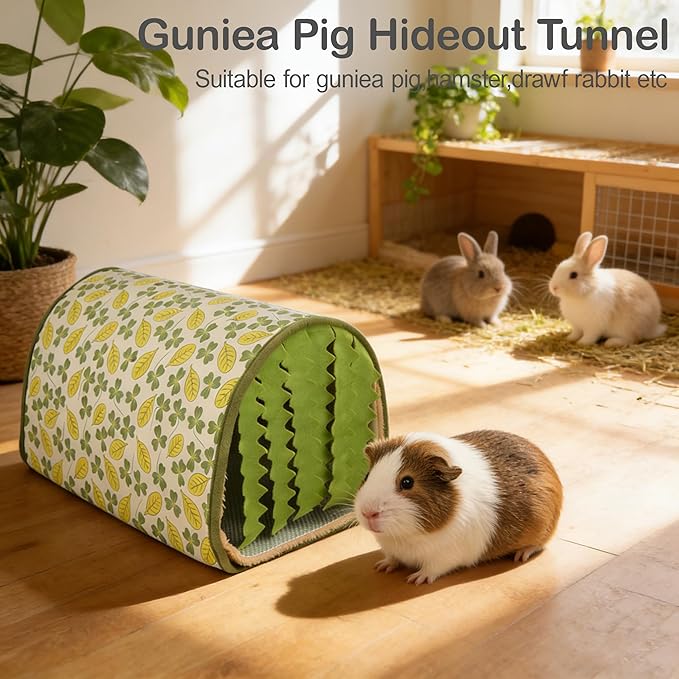 Guinea Pig Hideout Tunnel - Stable Washable Small Animal Tunnel Hide with Curtains,Guinea Pig Accessories for Hamster/Chinchilla/Dwarf Rabbit/Ferret (Green, Medium)