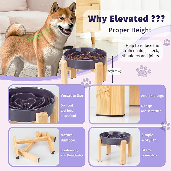 Elevated Slow Feeder Dog Bowl Large Breed, 8.8 Inch Ceramic Slow Eating Bowl with Bamboo Stand, Anti-Choking Raised Maze Design for Medium to Large Dogs, 3.2 Cup, Purple