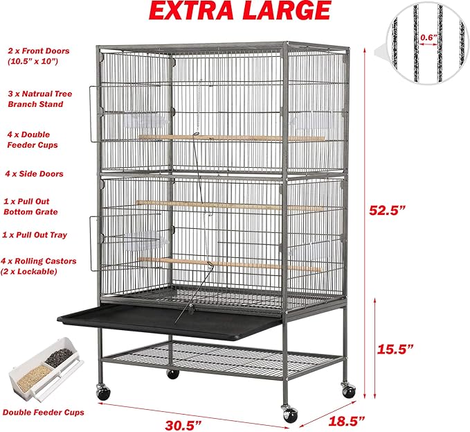 Extra Large Sturdy Wrought Iron Breeding Flights Canary Parakeet Cockatiel African Grey Lovebird Finches Parrot Home Cage Double Large Front Doors 4 Side Doors Bottom Storage Shelf On Lockable Wheels