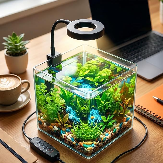 Small Aquarium Light Clip on Fish Tank Light LED USB Full Spectrum Light with Dimmer Multi-Color White+Blue+Red for 1-5 Gal Betta Tank (Adapter NoT Included, No Timer)