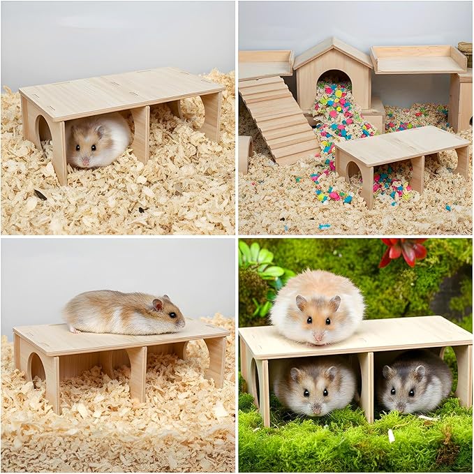 Wooden Hamster Hideout, 2 Chamber Hideout Tunnel Exploring Toy with Peep Windows Wood Cage Accessories for Gerbils Mice Rats