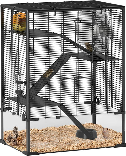 PawHut Large Hamster Cage with 9" Deep Tempered Glass Bottom, 4 Tiers Hamster Tank with Running Wheel, Hut, Water Bottle, Dish, Rat Cage for Syrian, Dwarf, Gerbils, Mouse, 24" x 16" x 31.5", Black