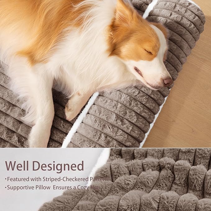 Orthopedic XL Dog Bed Large Sized Dog with Pillow 48''X30'', Waterproof Soft Comfortable Egg Crate Foam Pet Crate Beds Mat with Removable Washable Cover and Non-Slip Bottom, Taupe