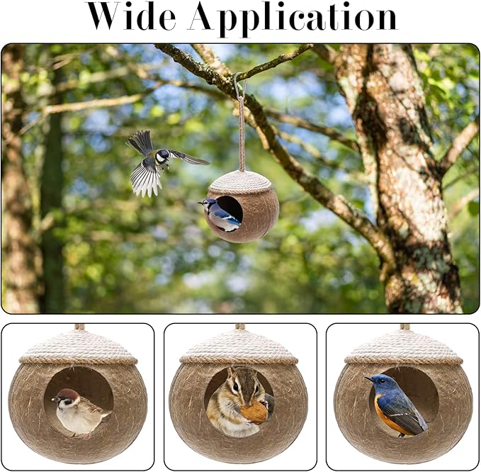 Yesland 2 Pack Coconut Bird Nest Hut with Loop, Coconut Fiber Hanging Birdhouse Cage, Anti-Pecking Bite Coconut Bird Parakeet for Parrot Parakeet Lovebird Finch Canary, Pet Cage Habitats Decor