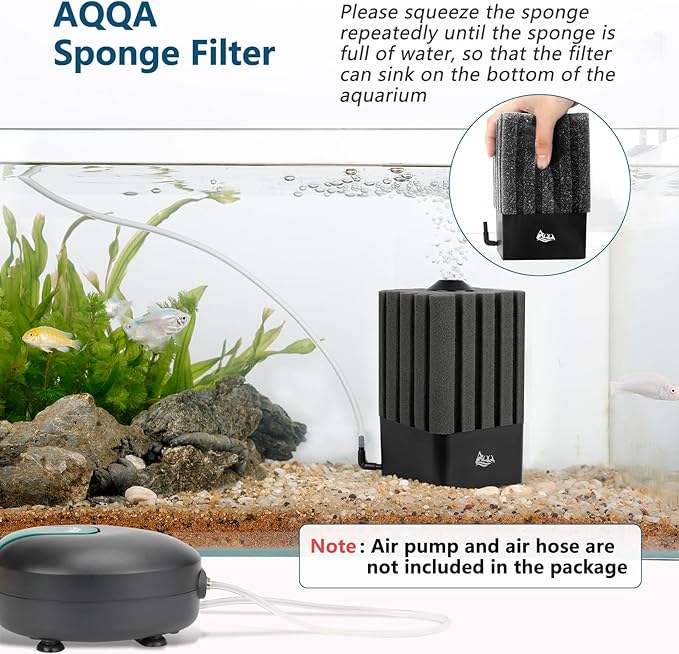 AQQA Aquarium Air-Powered Sponge Filter & Aquarium Air Pump with Full Set of Accessories AQ046&AQ115