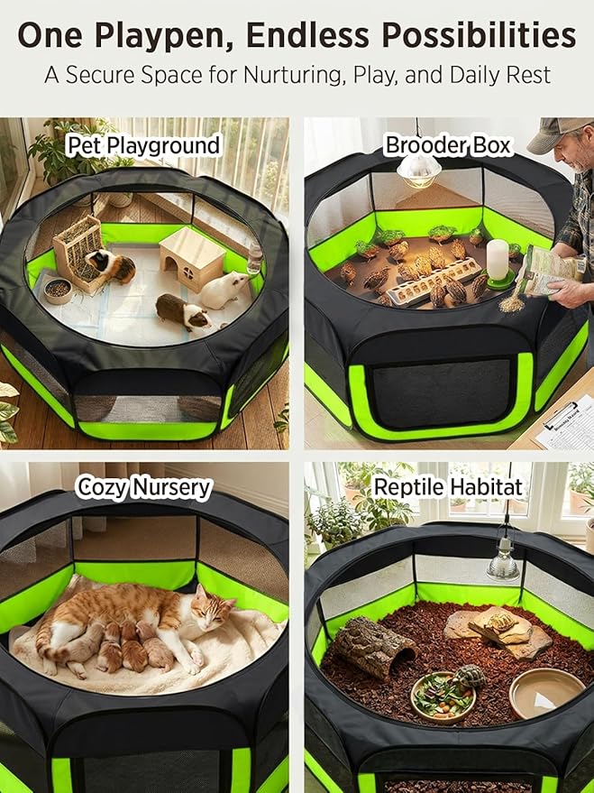UWE Extra Large Small Animal Playpen, XL Portable Pet Playpen for Rabbit, Kitten, Guinea Pig, Hamster, Puppy – Waterproof Foldable Mesh Tent with Zipper Cover, Indoor Outdoor Use,Light Green