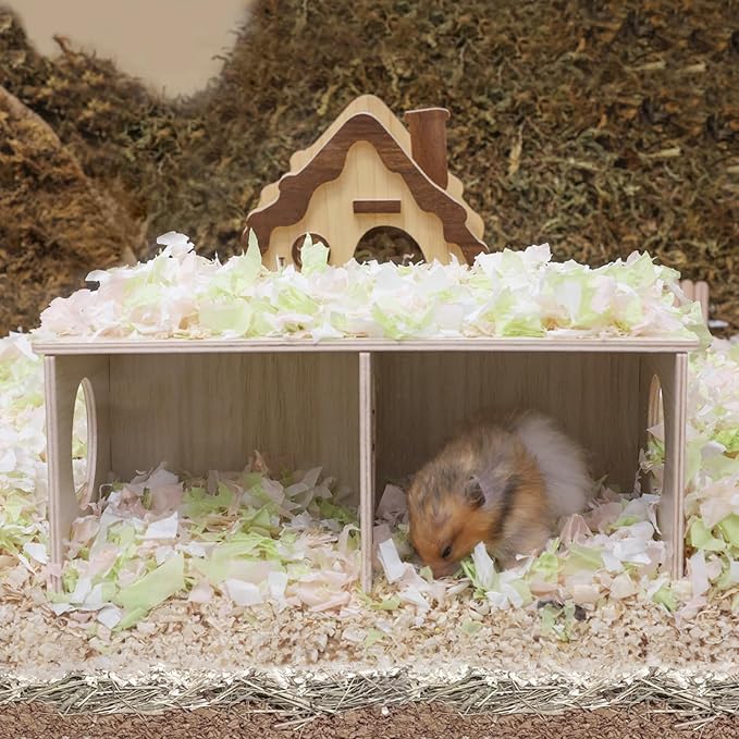 Hamster Peep Tunnel, 2-Chamber Wooden Hamster Hideout, Water-Resistant Platform for Syrian Hamsters and Small Pets, 11" x 5.3" x 4.3"