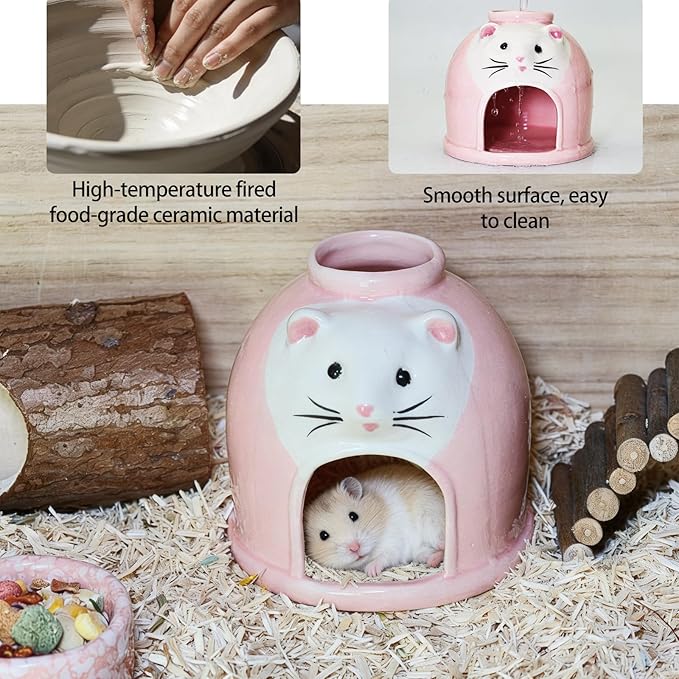 Ceramic Hamster Hideout Syrian Hamster House and Habitat Gerbil Hideaway Cooling Cave for Rat Mice Cage Decor Accessories (Pink)
