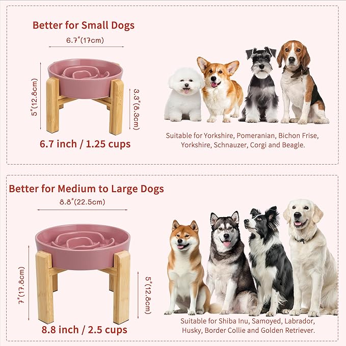 Elevated Slow Feeder Dog Bowl Large Breed, 8.8 Inch Ceramic Slow Eating Bowl with Bamboo Stand, Anti-Choking Raised Maze Design for Medium to Large Dogs, 3.2 Cup, Pink