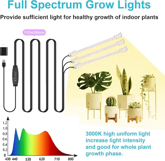 Hywyimlait LED Grow Light Strips, Grow Lamps for Indoor Plants Full Spectrum 3000K, 72 LEDs Plant Light with 3/9/12H Timer, 10 Dimmable Levels for Seedling Succulent, 3 Head 7.8 Inches