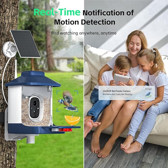 Bird Feeder with Camera, AI Bird Identification, Full HD Live Video, Solar Powered, 2.4Ghz WiFi, Instant Arrival Alerts - Best Gifts for Bi rd Lover