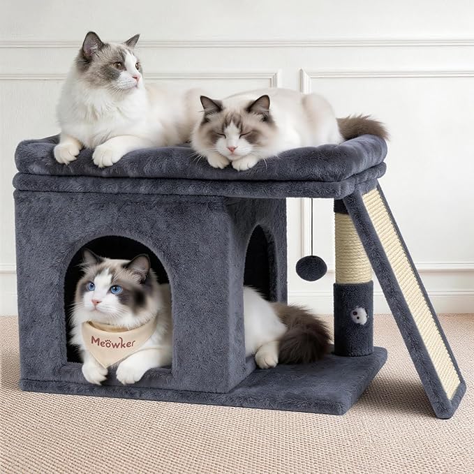 Cat Tree Tower Bed with Scratching Post for Indoor, Heavy Duty Small Stand House Condo for Large Cats & Kittens, Platform Perch Hideout Climb Rest Area, Modern Sturdy Furniture, Dark Gray