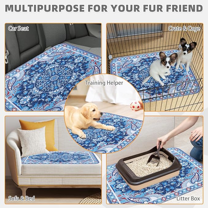 KOOLTAIL Washable Pee Pads for Dogs, 2 Pack Super Absorbent Reusable Puppy Training Pads Waterproof, Nonslip and Leak-Proof Dog Pee Pads, Large Pet Mats Whelping Pads for Floor, Crate, Blue 24"x36"