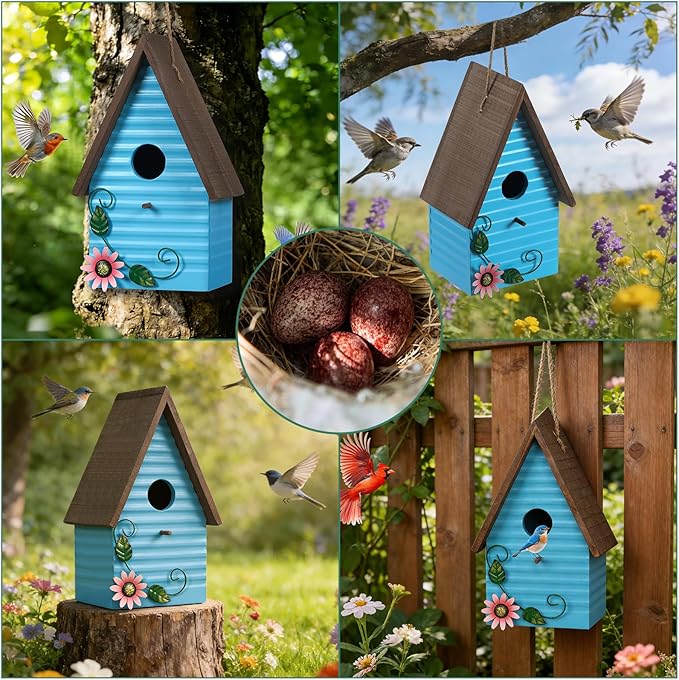 Bluebird Houses for Outside,Blue Bird Houses for Outdoors,Hanging Birdhouses for Outdoors,Wooden Hummingbird House for Outside,Country Style Bird Nest Box,Yard Decorative Gift for Bird Lovers