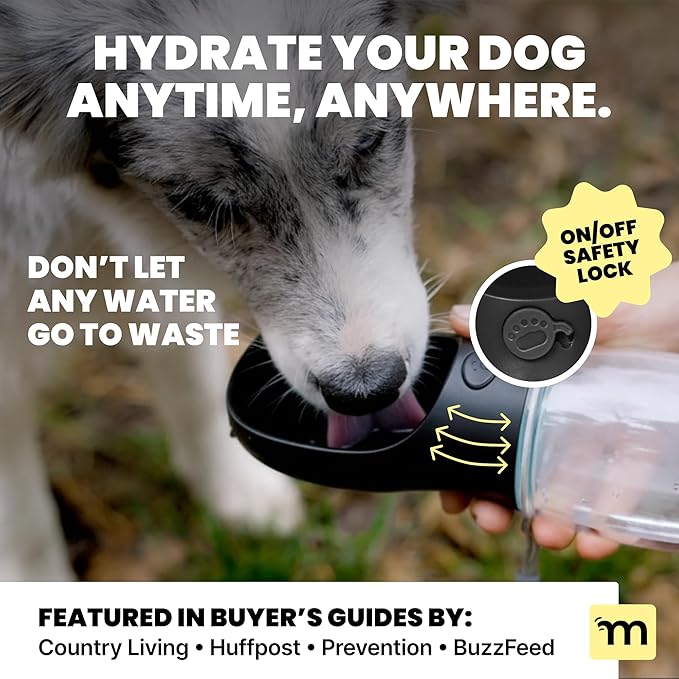 MalsiPree Dog Water Bottle - 19 Oz, Black, BPA-Free - Portable & Lightweight Water Dispenser with Bowl for Dogs - Leak-Proof for Travel, Trail Hiking, Park Visit, Camping & Beach Days