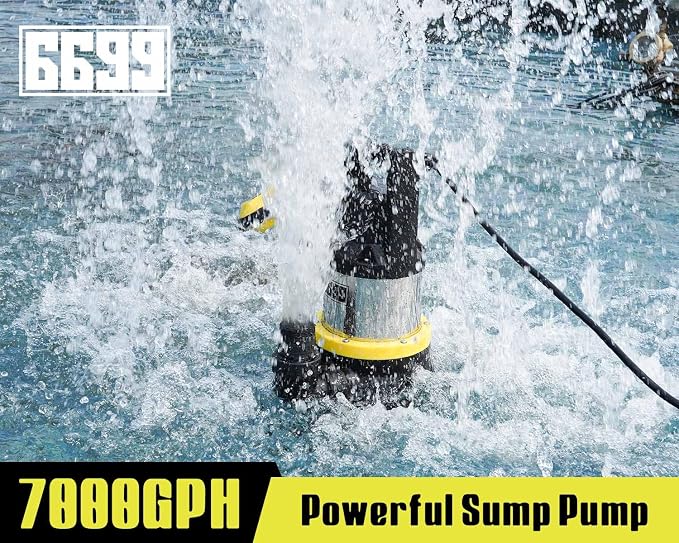 1.5 HP Stainless Steel Sump Pump, 7000 GPH, Float Switch | High-flow stainless steel pump moves up to 7000 GPH and includes an adjustable float switch and 16 ft cord for water removal.