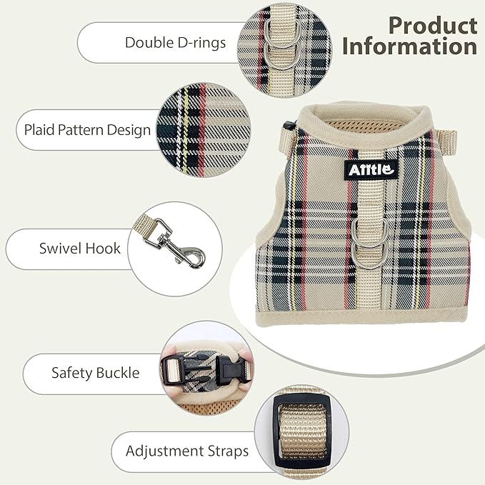 AIITLE Breathable Rabbit Harness and Leash Set - Plaid Pattern Padded Vest with Magic Tape Design, Dual D-Rings, Adjustable for Small Animal Pets, Indoor Outdoor Training Camping, Beige M