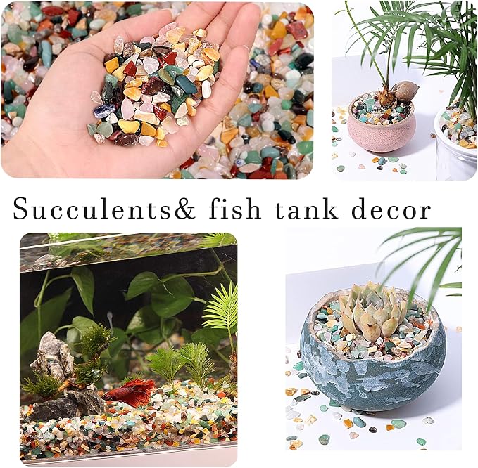Mixed Crushed Crystal Chips Bulk 2lbs 2400+Pcs Assorted Tumbled Stone Chips Natural Polished Mixed Chakra Aquarium Gravel Rocks for Plants Terrarium Supplies Fish Tank Gravel Pebbles Vase Filler