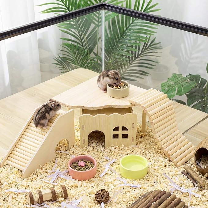 BreezeHug 4 Pcs Hamster Platform Hideout Wooden Tunnel Ladder Playhouse Hamster Game Climbing Toy with Platform Cage Accessories for Pets Dwarf Syrian Mice Degus Gerbils Squirrel(Wave)