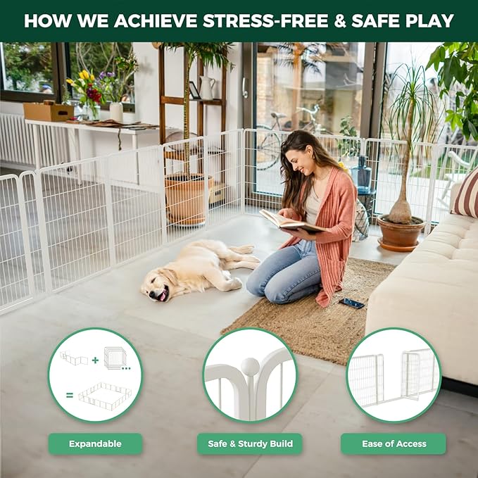 FXW Homeplus Unleashed Indoor Dog Playpen - Stress-Free and Safe Play, Heavy Duty 40 Inch 8 Panels Dog Pen for Medium and Large Dogs, White│Patented