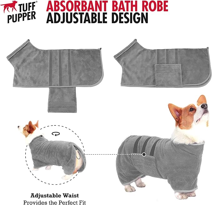 Tuff Pupper Fast Drying Dog Bath Robe | 800 GSM Plush Dog Towel Bathrobe/Dressing Gown | Super Absorbent Pet/Puppy Bathrobe | Adjustable Hood & Belly Strap | Super Soft | Fast Drying (M, Gray)