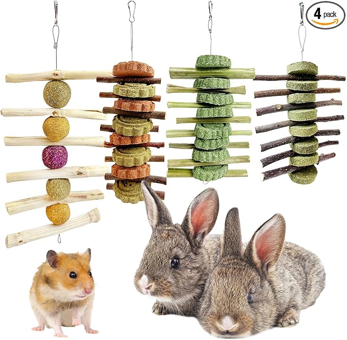 Hamiledyi 4PCS Bunny Chew Toys Rabbit Toys for Teeth Grinding Natural Fruit Sticks Timothy Grass Small Animal Chew Toys and Treats for Guinea Pig Hamster Chinchilla Squirrel