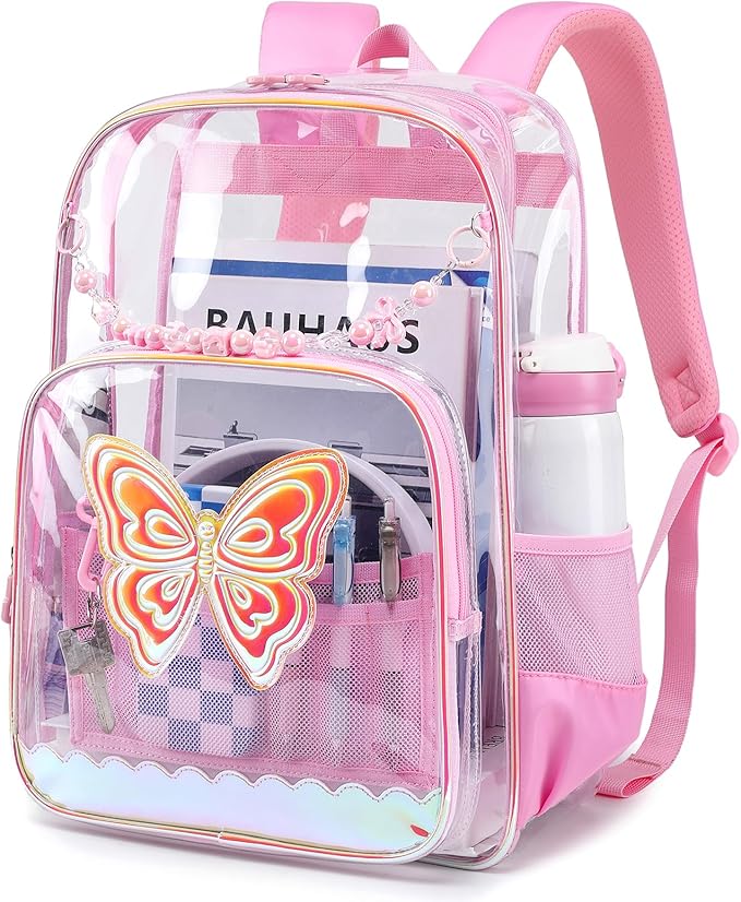 MUSEVOS Clear Backpack, Clear Bookbag for School PVC Heavy Duty Transparent Backpack for Girls, Pink Butterfly