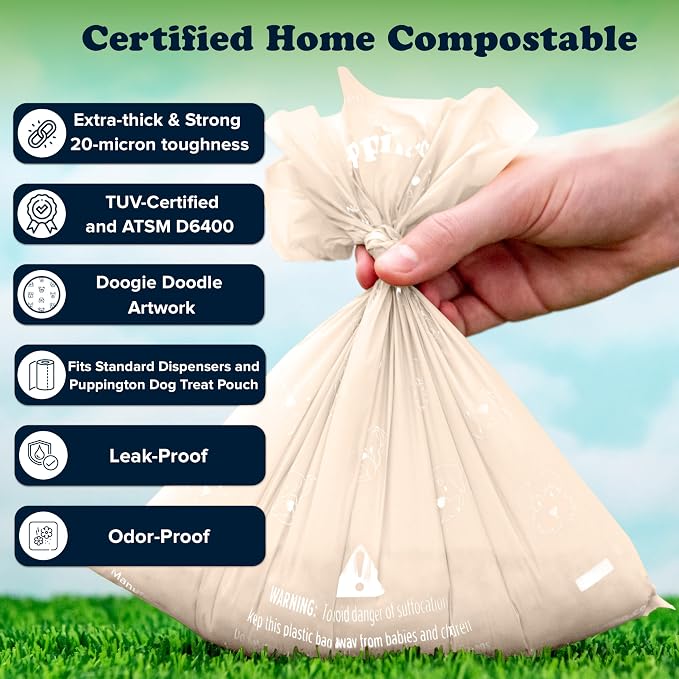 Puppington Certified Home Compostable Poop Bags - ASTM D6400 Compliant - 270 Extra Thick Bags - Plant Based - Pairs with Puppington 3-in-1 Bag & Fits all Standard Poop Bag Dispensers (Vanilla Cream)