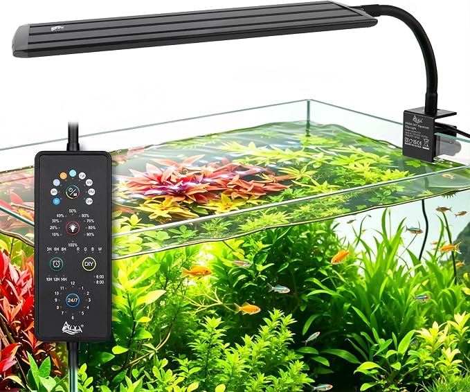 AQQA Clip On Aquarium Light for Plants Full Spectrum Fish Tank Light | 24/7 Natural Mode & DIY RGBW Mode, 6 Timer Settings, 9 Color Options & 10 Dimmable Levels for (21W for 15.7"-19.7" Tank)