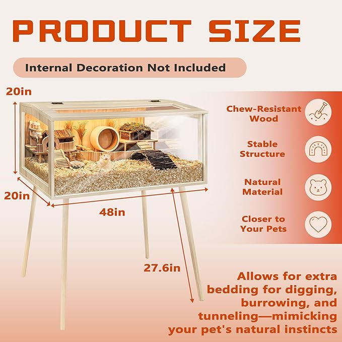 PROLEE Hamster Cage Wooden Chew Proof, Extra Large Mice and Rat Habitat Openable Top with Acrylic Sheets Solid Built Small Animal Cage with Leg Stands, 48 Inch Long