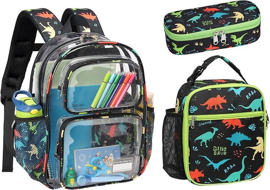 Bagseri 3pcs Clear Backpack for Boys - 15 Inch School Bag Set with Lunch Box and Pencil Case, Heavy Duty Transparent Bookbag for Kindergarten to Grade 2, Black Dinosaur