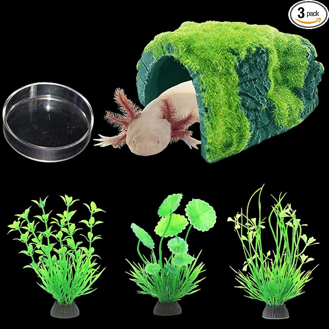 Axolotl Hides for Aquarium with Feeding Dish and Fake Plants Set, Axolotl Cave with Green Plants, Aquarium Decor, Fish Tank Decorations, Turtle Tank Accessories (Cave+Plant+Feeding Dish, L)