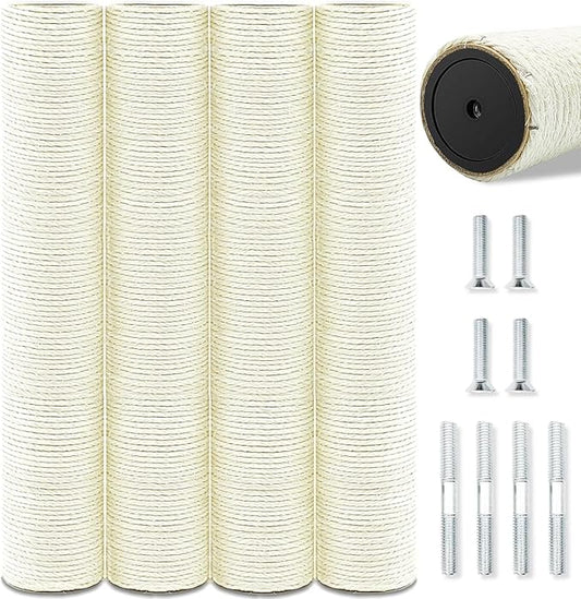4 PCS Cat Scratching Post Replacement, 15.7in M8 Sisal Cat Tree Replacement Posts with Screws, Natural Sisal Refill Poles for Indoor Cat Tree Repair