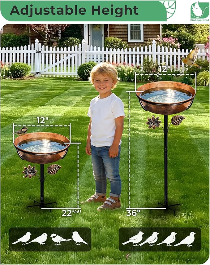 Metal Bird Bath for Outside, 3" Deep 12" Dia Removable Bowl, 36" H Garden Bird Bath | Stable 5-Prong Stake, Rust-Resistant, Easy Clean Outdoor Birdbath for Yard Lawn Patio