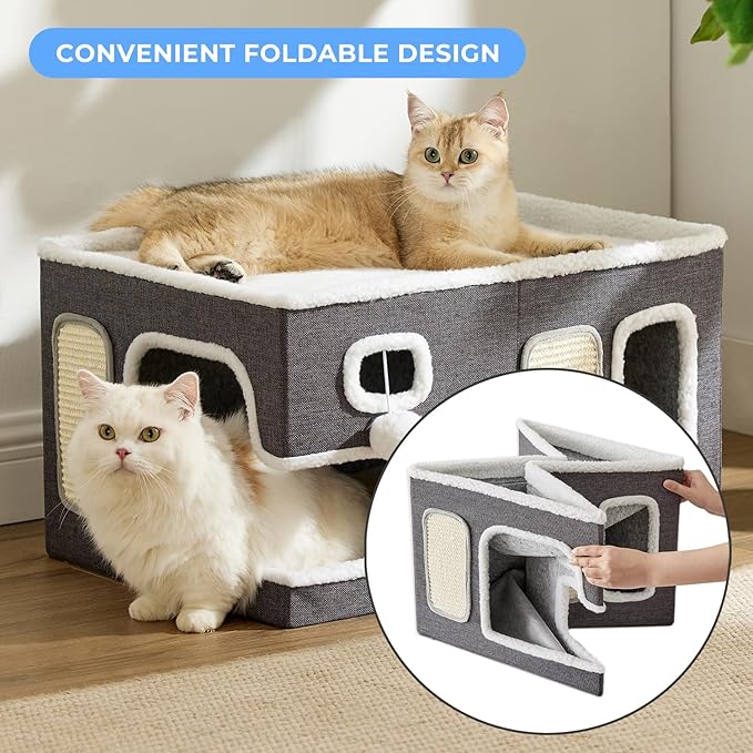ZOMISIA Extra-Wide Cat House for Indoor Cats - Large Cat House for Pet with Fluffy Ball Hanging and Scratch Pad, Foldable Cat Hideaway for Multi Cats, 23x16.5x13 inches, Grey