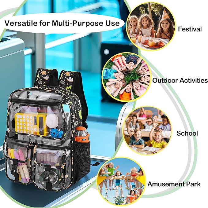 Clear Backpack for Boys, School Kids Heavy Duty See Through Bookbag Dinosaur Transparent Backpacks with Thicker Straps, Blue
