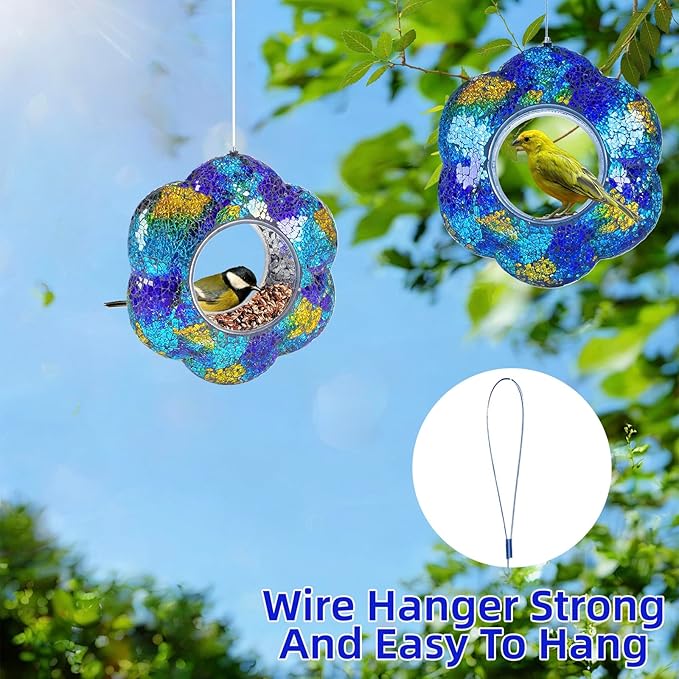 VOREEN Mosaic Glass Bird Feeder, Handcrafted Hanging Fly-Through Feeder for Outdoor Garden & Backyard, Blue Flower Mosaic Style