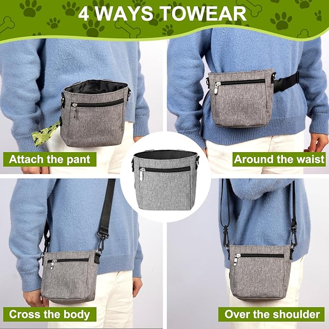 Dog Treat Pouch with Magnetic Closure - 3 Ways to Wear Dog Training Treat Bag with Waist Belt, Shoulder Strap & Metal Clip, Built-in Poop Bag Dispenser, Hands-Free Dog Training Treat Pouch