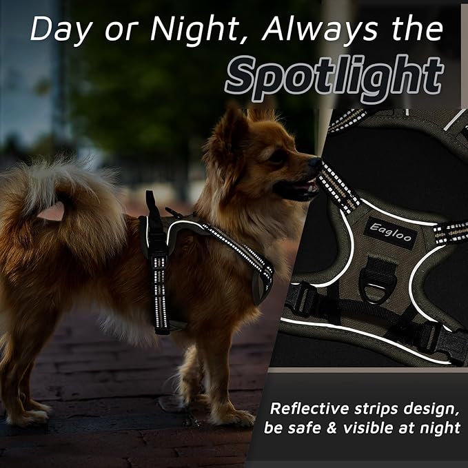 Eagloo Small Dog Harness No Pull, Service Vest with Reflective Strips and Control Handle, Adjustable and Comfortable for Easy Walking, No Choke Pet Harness with 2 Metal Rings, Brown, XS