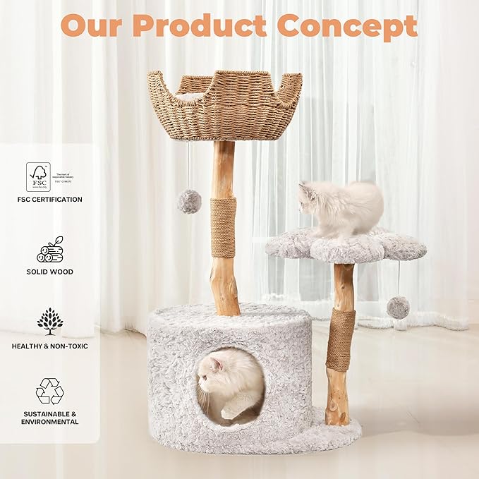 Easyego Modern Cat Tree, 39.9" Aesthetic Wood Cat Tree Tower for Large Cats, Luxury Cat Condo with Scratching Posts and Flower Platforms, Cat Furniture, Bullet Gray