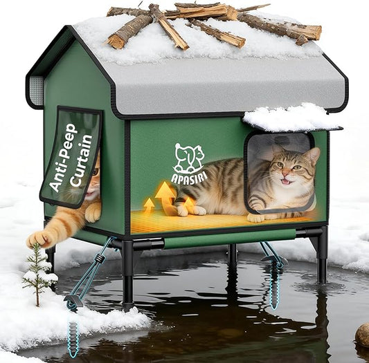 Apasiri Outdoor Cat House Weatherproof – Insulated Feral Cat Shelter with Heating Pad, Water Resistant 900D Oxford, Anti-Peep Curtains & Escape Door, Elevated Design for All Seasons, Small
