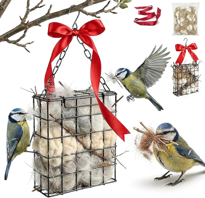 Bird Nesting Material Holder, Pet Fur Bird Nest Holder, with Jute Fiber & Red Ribbon to Attract Wild Birds, Reusable Bird Nesting Holder for Nest Building