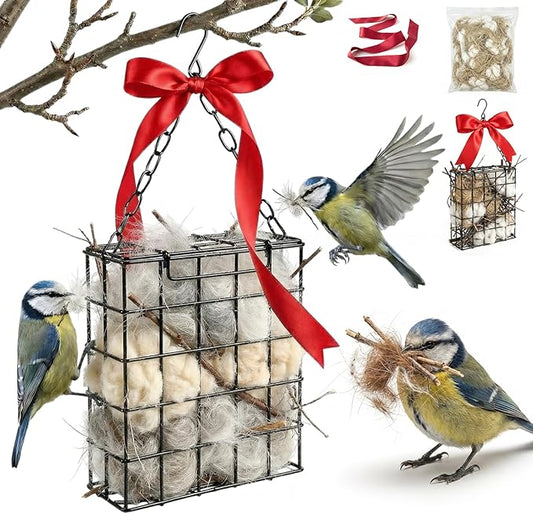 Bird Nesting Material Holder, Pet Fur Bird Nest Holder, with Jute Fiber & Red Ribbon to Attract Wild Birds, Reusable Bird Nesting Holder for Nest Building