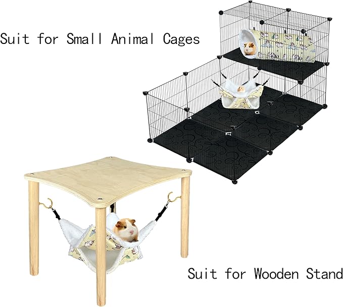 Small Pet Hammock & Tunnel Set for Ferrets, Guinea Pigs, Rats - Plush Hideout Bed & Cage Toy, 2-Pack, Yellow Guinea Pig Print