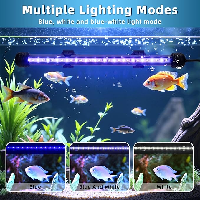 LED Submersible Aquarium Light 8W Underwater Fish Tank Light with Blue White&Blue and White Three Light Modes Timer Automatic On/Off and Dimmer Brightness Adjustable (15inch)