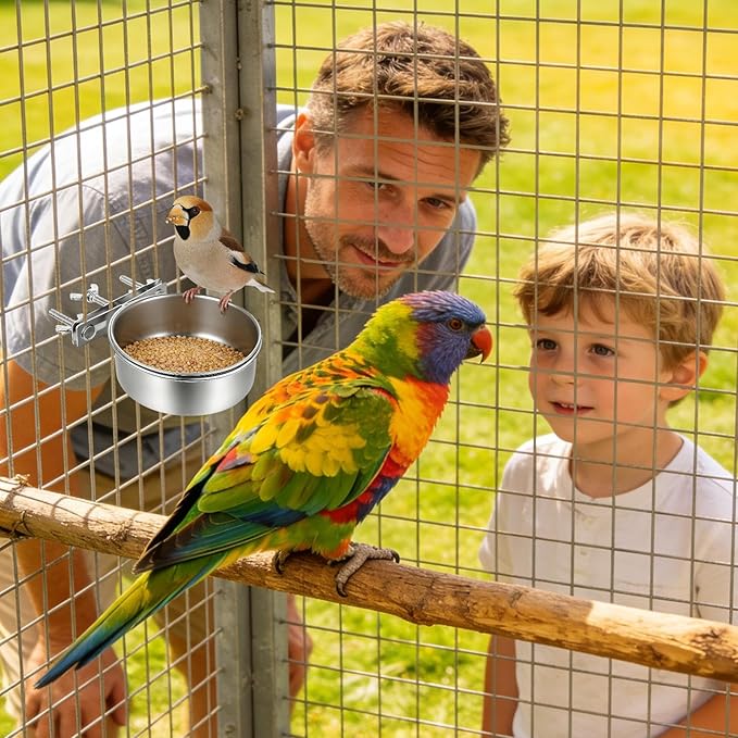 Stainless Steel Bowls for Birds, Bird Food Water Bowl, Bird Cage Water Food Bowl Coop Cup with Clamp Holder for Parrots Cockatiel Budgies Parakeet Lovebird