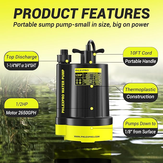1/2HP Automatic Submersible Water Pump,110V Sump Pump Submersible with 2650 GPH Water Removal, 3/4” Garden Hose Check Valve Adapter for Swimming Pool Cover Hot Tubs Flooded House Basement