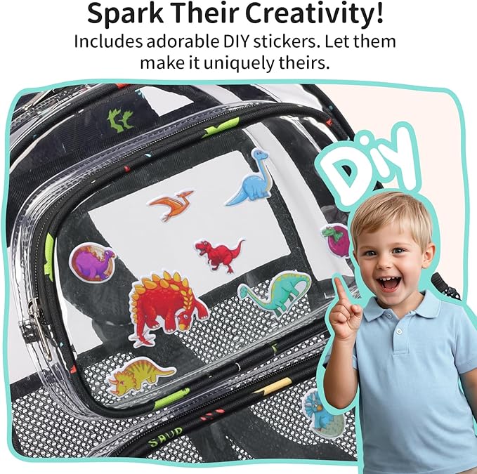 Clear Backpack for Boys, 15 Inch Heavy Duty Transparent Bookbag for Kindergarten to 2nd Grade, PVC See Through Daypack with Reflective Straps, Fits Standard Folders, Black Dinosaur