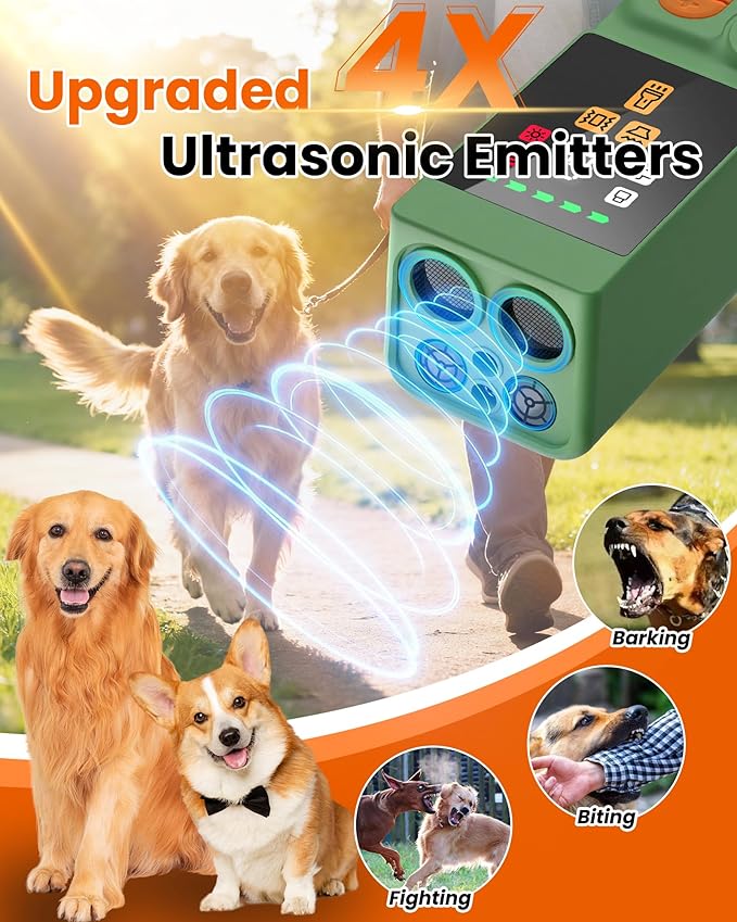 [Digital LED Display] ultrasonic Dog bark Deterrent with 4 Transmitters, Green 10 Gears Dog Training Device for Dogs, Rechargeable Anti Barking Device & Dog Repellent with Flashlight